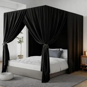 Queen Lightproof Black Canopy Bed Curtains